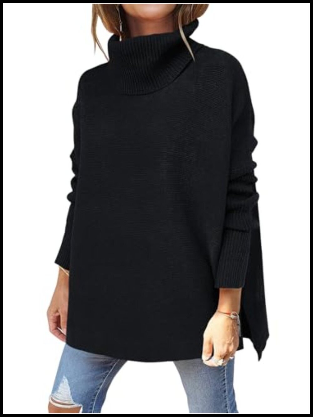 Oversized Turtleneck Sweater Batwing Sleeve High-Low Hem Knit Pullover